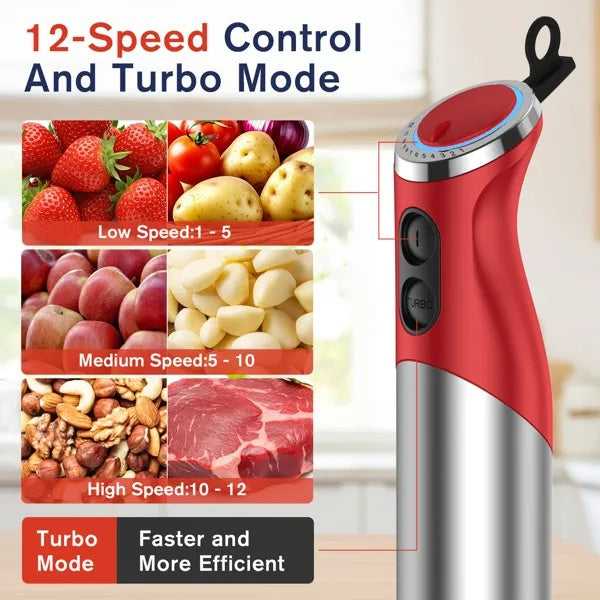 5 In 1 Immersion Blender Handheld 12 Speed Mode Hand Blender, Stainless Steel Blade With Mixing Beaker,