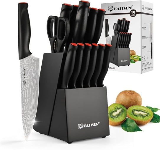 Damascus Pattern 15-Piece Kitchen Knife Set With Block, High Carbon Steel Chef Knife, Includes Sharpener And Scissors, Ergonomic Black Anti-Slip Handle And Red Trim, Perfect For Professionals
